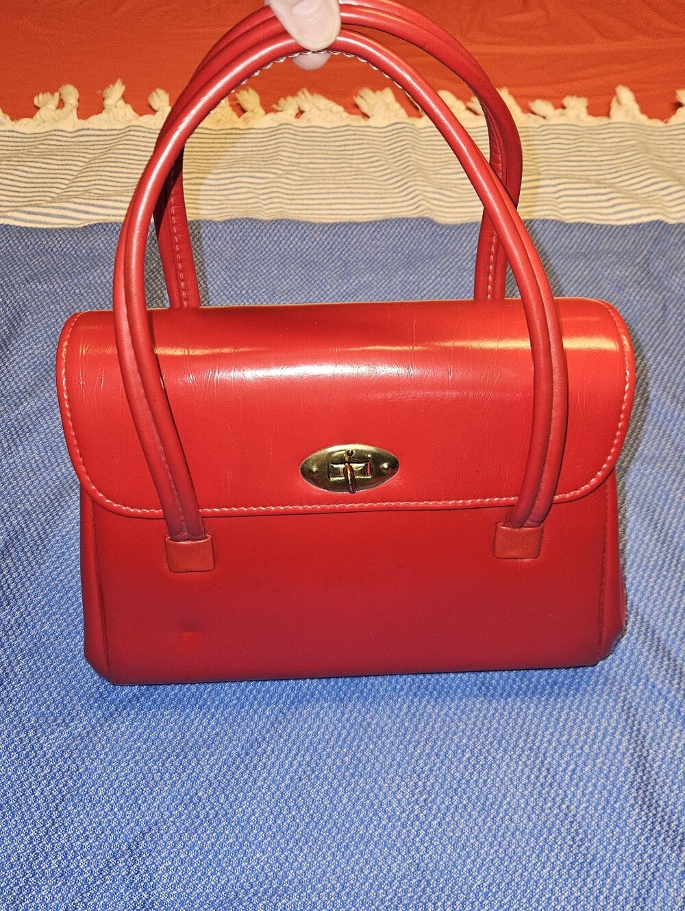 Vintage Patent Red Leather Handbag w/Black Lining 2 Top Handles Brass Finish EUC
